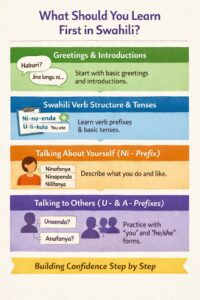 Graphic titled “What Should You Learn First in Swahili?” illustrating a clear learning sequence with greetings, verb structure, and subject prefixes.