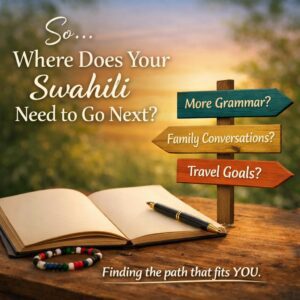 Graphic with the text “Where does your Swahili need to go next?” showing an open notebook and signpost pointing to options like grammar, family conversations, and travel goals, representing choosing a clear learning focus in Swahili.
