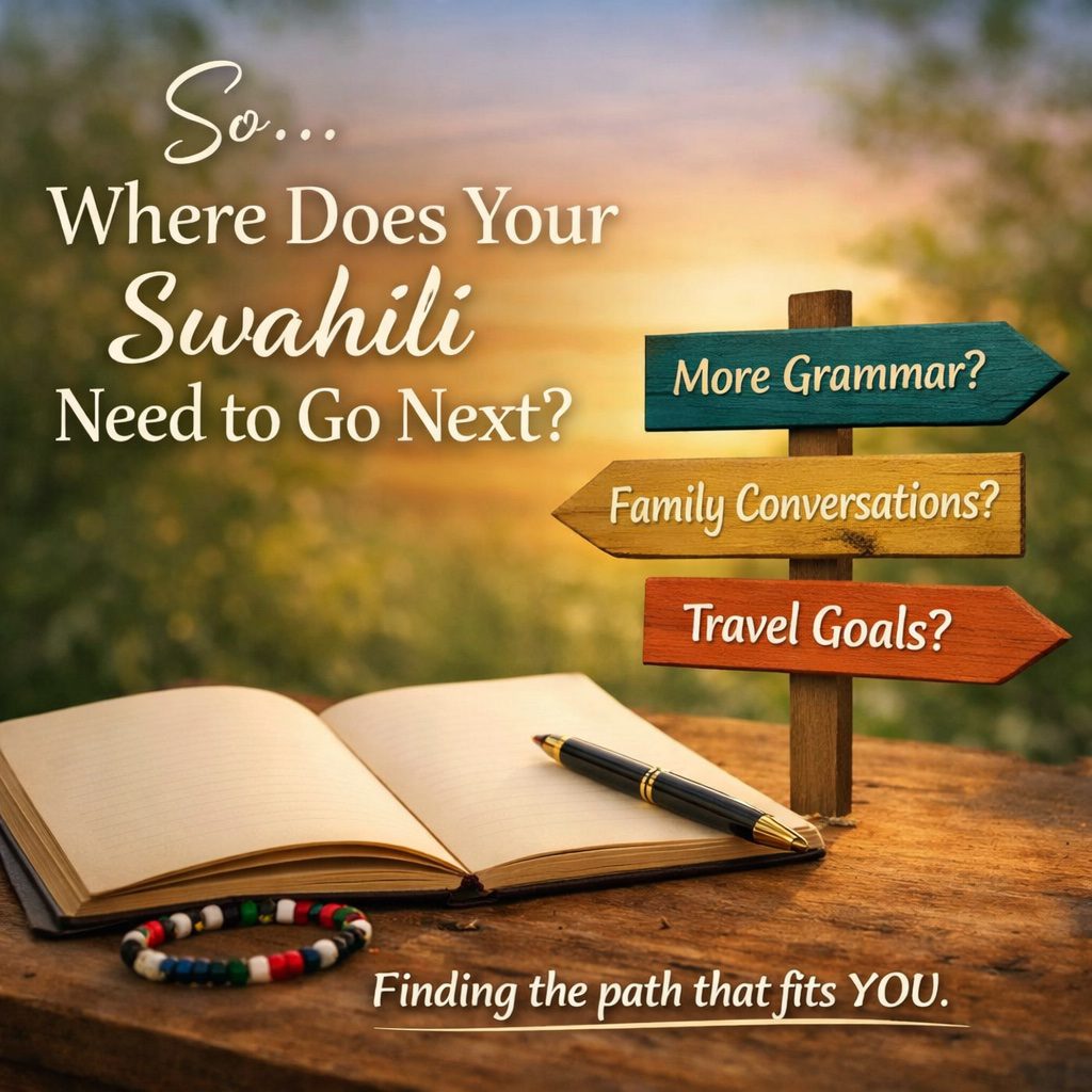 Graphic with the text “Where does your Swahili need to go next?” showing an open notebook and signpost pointing to options like grammar, family conversations, and travel goals, representing choosing a clear learning focus in Swahili.