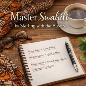 Notebook with handwritten Swahili examples showing sentence structure, noun agreement, and possession, alongside a coffee cup and study materials, illustrating learning Swahili fundamentals.