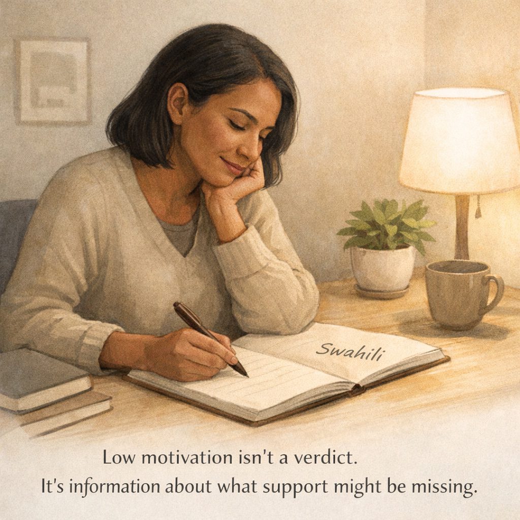 Adult learner reflecting on motivation while learning Swahili