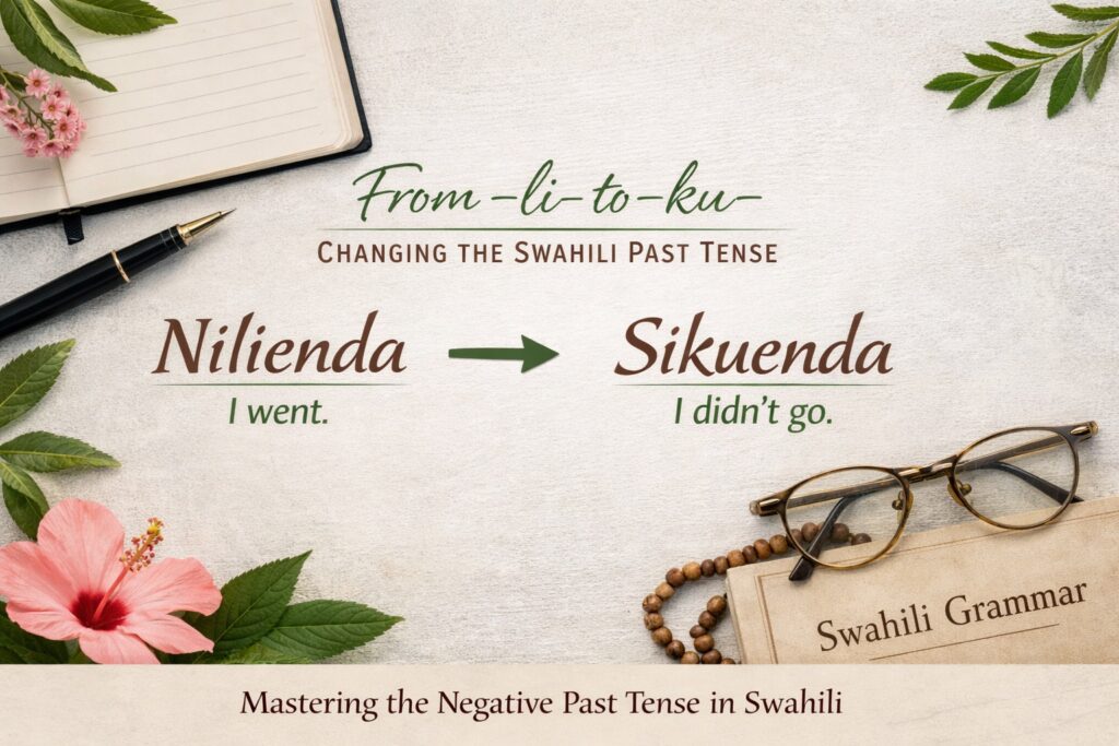 Swahili negative past tense example showing “Nilienda” changing to “Sikuenda” with explanation of the shift from -li- to -ku- in Swahili grammar.
