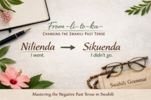 Swahili negative past tense example showing “Nilienda” changing to “Sikuenda” with explanation of the shift from -li- to -ku- in Swahili grammar.