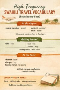 High-frequency Swahili travel vocabulary with example sentences using the foundations-first learning method