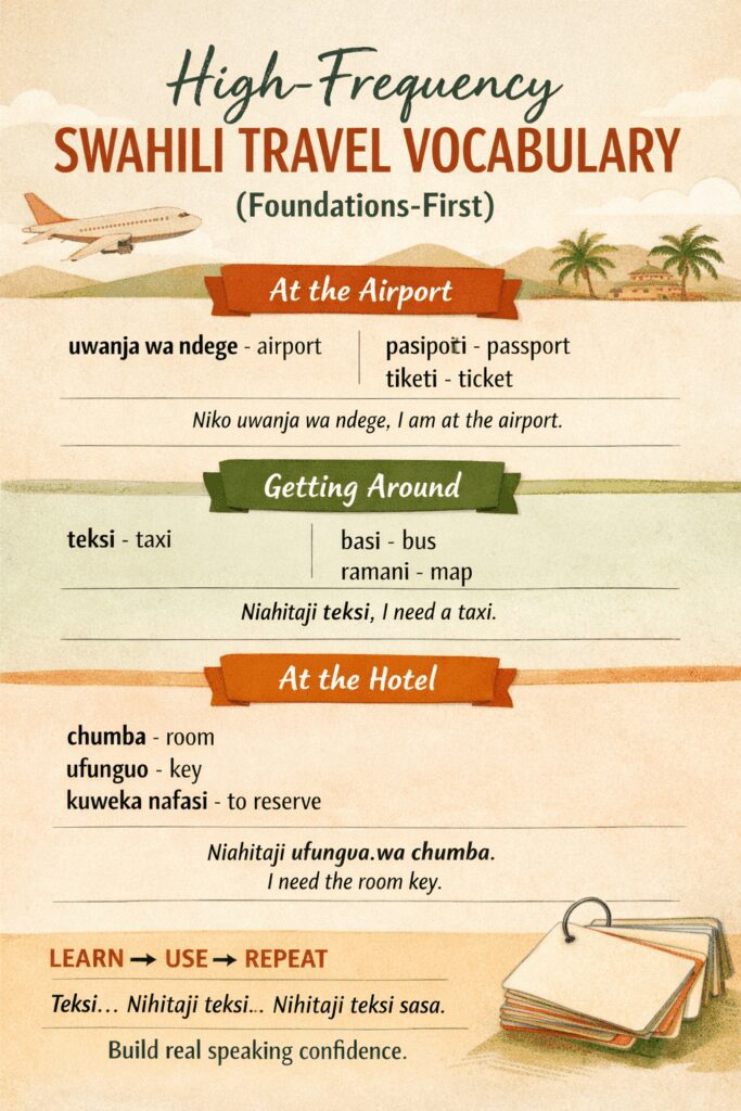 High-frequency Swahili travel vocabulary with example sentences using the foundations-first learning method