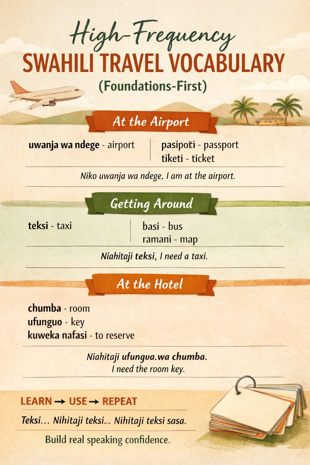 High-frequency Swahili travel vocabulary with example sentences using the foundations-first learning method