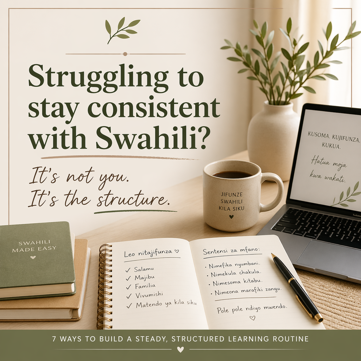 A calm, minimal workspace with a notebook and laptop representing structured Swahili learning and building consistency
