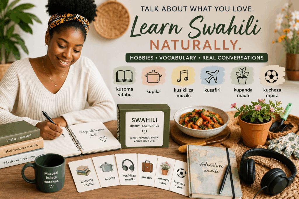 Woman practicing Swahili hobbies vocabulary while reading, cooking, gardening, and enjoying everyday activities.