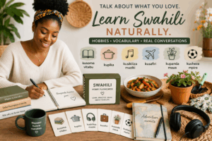 Woman practicing Swahili hobbies vocabulary while reading, cooking, gardening, and enjoying everyday activities.