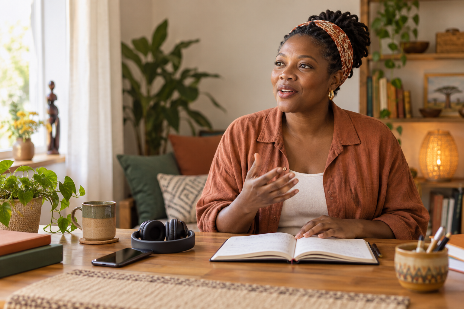 Adult Swahili learner practicing speaking aloud with a journal and headphones at home